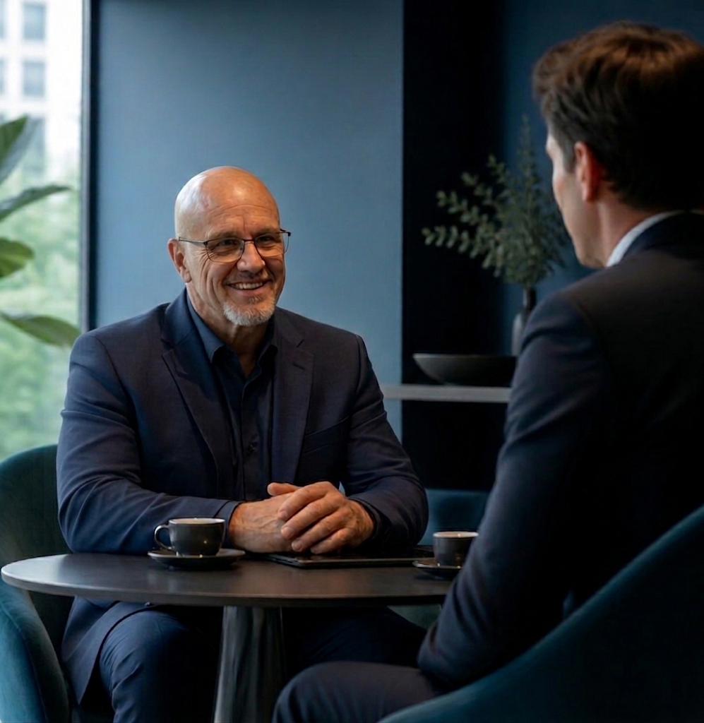 Israel González em conversa de mentoria com um empresário sobre o momento da empresa