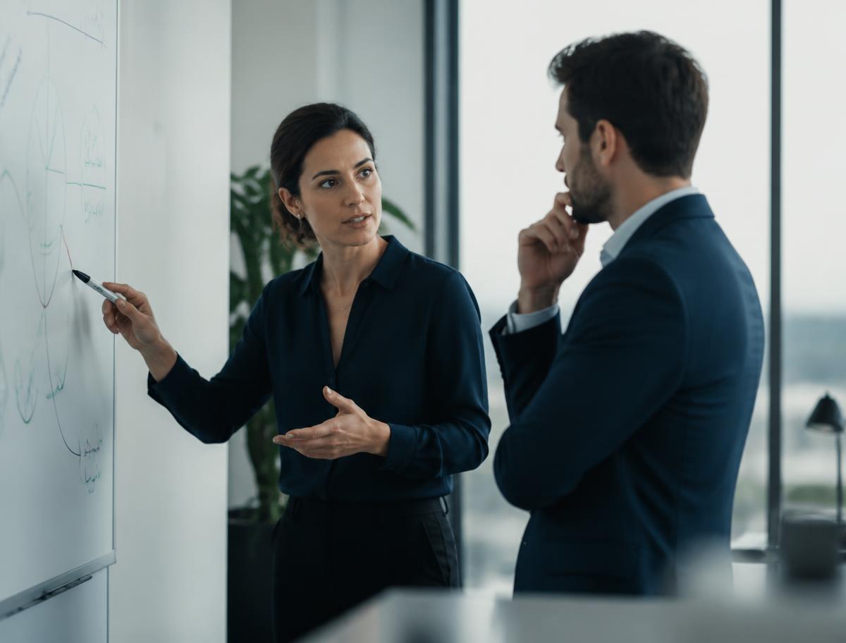 Sessão de mentoria estratégica com análise de prioridades em quadro branco